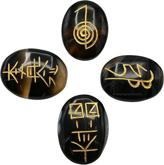 Amazing Gemstone Sulemani Agate Crystal Reiki Stones with Engraved Symbols for Usui Reiki Healing, Set of 4 Pcs (Indian Handmade Reiki Gift Set)
