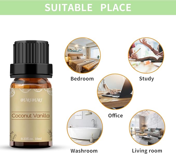 BURIBURI Coconut Vanilla Essential Oil, 10ml Premium Grade Scented Oil Coconut Vanilla Fragrance Oil for Diffuser, Massage, Candle, Soap Making