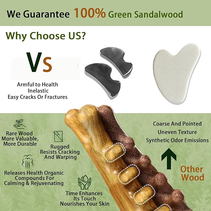 Gua Sha Tool for Face & Body – 4 in 1 Natural Green Sandalwood,Lymphatic Drainage,Jaw Lifting & Nose Sculpting, Head Massage Comb for Stress Relief,Home Office Self Care,Gifts for Mom Girl Friend