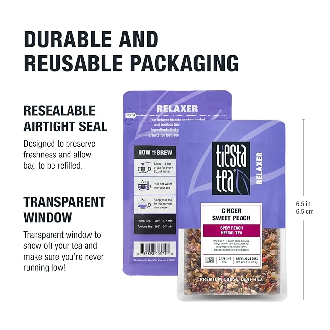 Tiesta Tea - Ginger Sweet Peach, Loose Leaf, Spicy Peach Herbal Tea, Non-Caffeinated Tranquility Blend, Bulk Herbal Leaves with Hibiscus & Cane Sugar, 25 Cups, 2.2 Ounce Resealable Pouch