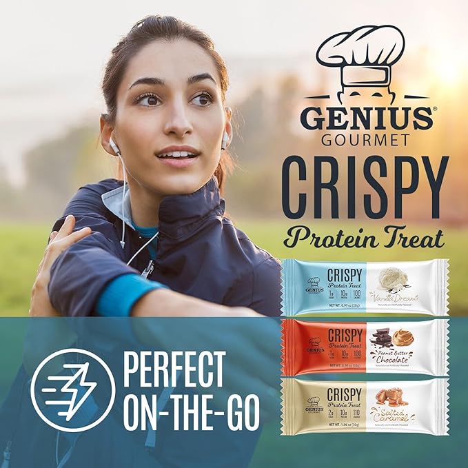 Genius Gourmet Crispy Protein Treat, Vanilla Dream, Keto Snack, Low Carb, Low Sugar & Gluten Free, Protein Snacks for Adults, 10G of Whey Protein per Protein Bar, 5 Net Carbs, On The Go Snack, 10 CT