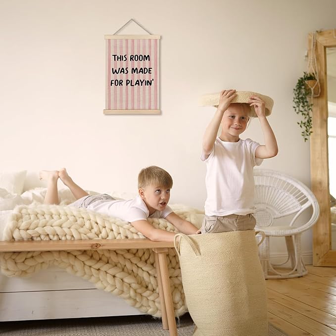 Exqcom Kids Playroom Wall Decor, Play Room Wall Art Poster, This Room Was Made for Playin Preppy Pink Striped Posters for Kids Girls Nursery Toddler Room Bedroom Playroom, 12x16 Inches