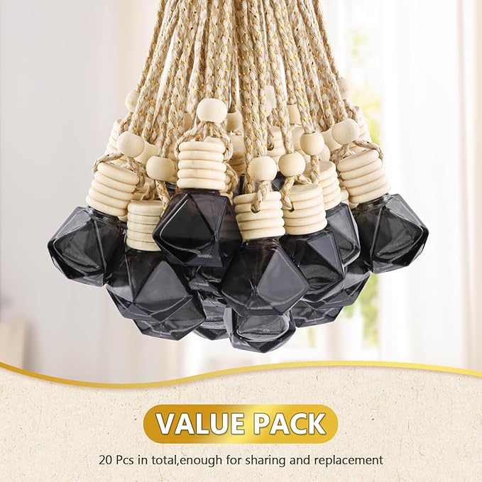 20 Pack Black Hanging Car Air Freshener Bottle Empty Car Essential Oil Diffuser Bottles Pendant Black Glass Perfume Bottles Aromatherapy Fragrance Bottle Auto Ornaments Decor (diamond)