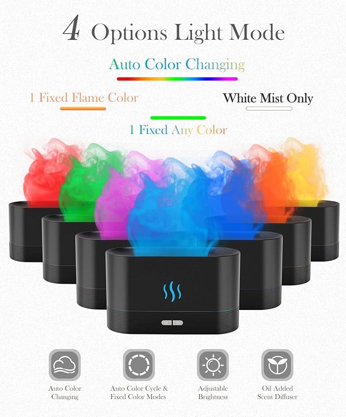 Essential Oil Diffuser,Humidifier with 7 Colors Flame Light,180ml Air Humidifiers for Bedroom, Home, Office, Gifts - Portable,Auto-Off Protection,4 Modes Mist(Black)