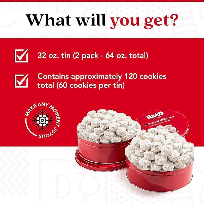 David's Cookies Gourmet Butter Pecan Meltaway Round Tin with Crunchy Pecans and Powdered Sugar, All-Natural Ingredients, Kosher, Ideal Present for Special Occasions, 64 Oz (2 Pack)