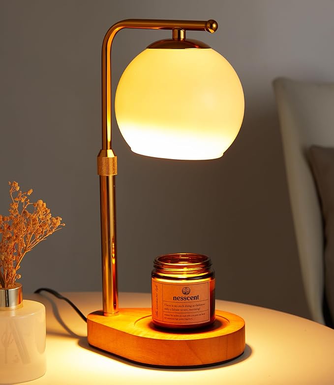 Ivory Glass Candle Warmer Lamp with Adjustable Height Dimmer and 2 4 8 Hour Timer Includes Scented Candle and 2 Bulbs Dark Wood Base for Cozy Bedroom Living Room Spa