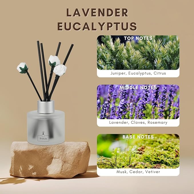Brakula Reed Diffuser Set, Lavender Eucalyptus Scented， Reed diffusers for Home， Home Fragrance Diffuser with 7 Reed Sticks for Room/Bathroom Decor 3.38 fl oz(Lavender Eucalyptus)