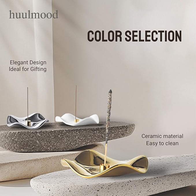 6.7 "Ceramic Incense Burner for Incense/Coil,Wavy Base with Brass -Incense Holder for Sticks,with Ash Catching Bowl for Meditation Yoga and Home Decoration (Gold)