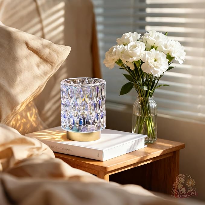 Battery Operated Table Lamps Timer, Mini Crystal Lamp for Area No Plug, Cordless Lamp with LED Bulb for Power Outage, Decorative Lamps for Tabletop/Corner/Entryway/Stairway/Bathroom/Fireplace (PEARL)