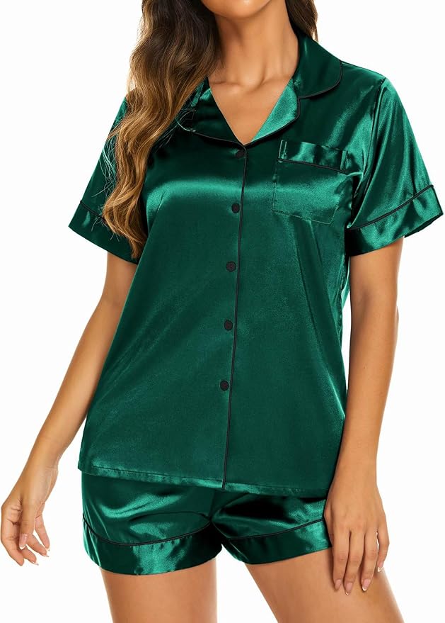 Ekouaer Silk Pajamas for Women Short Sleeve Sleepwear Soft Button Down Loungewear 2 Piece Satin Pjs Shorts Set S-XXL
