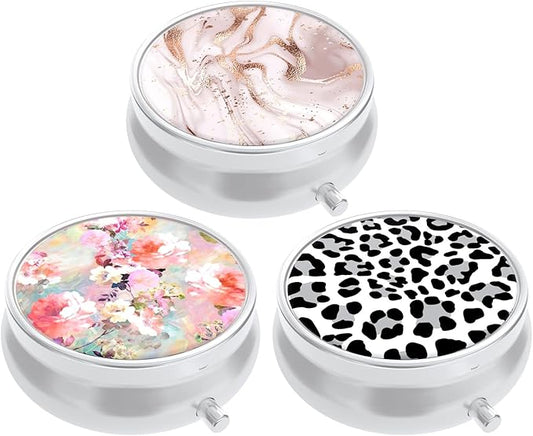 3 Pack Pill Box, Small Pill Case for Purse & Pocket, Cute Travel Medicine Organizer, Portable Medicine Container Holder to Hold Vitamins, Medication, Fish Oil & Supplement, Pink Flowers Leopard