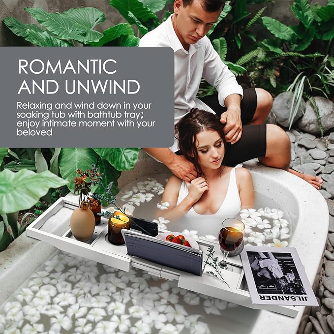 Foldable Bathtub Caddy Tray, Bamboo Bath Tub Tray Table for Tub with Wine Glass Holder Book Phone Tablet Holder with Extending Sides, Adjustable Bathroom Bathtub Free Soap Holder Gift Idea (White)