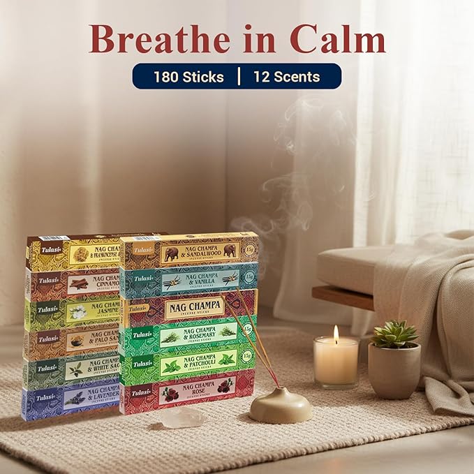 Nag Champa Incense Sticks with Natural Oils, Assorted Incense Set of 12 Scents - Lavender, Rose, Sandalwood, Vanilla, White Sage, Cinnamon, Rosemary, Positive Aroma for Meditation, Yoga Thanks Giving