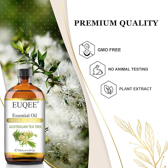 EUQEE Australian Tea Tree Essential Oil (4 oz/118 ml) Premium Grade Australian Tea Tree Oil Essential, Perfect for Diffusers, Humidifier, Candle Making, Soap & Candle Making