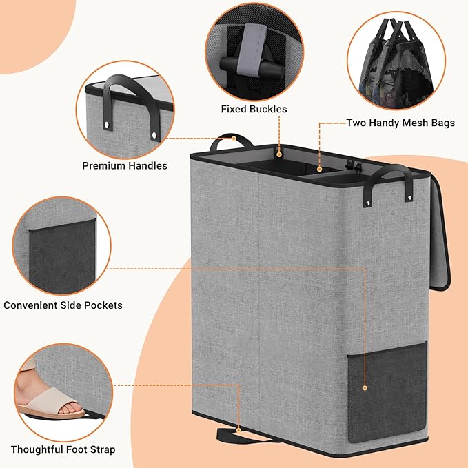 Large Double Laundry Hamper with Lid, Removable Bags & Reinforced Handles, 2 Section Tall Laundry Basket, Dirty Clothes Hampers for Laundry Room, Bedroom, Bathroom, Dorm, 155L, Gray