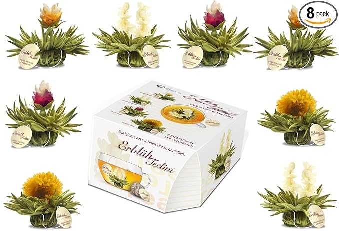 Creano Tea Flowers in Cup Size - Blooming Tea - 8 Flowering Tea in 4 Different Varieties - White Tea