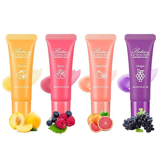 Lip Glowy Balm,4 Pack Fruit Glowy Lip Balm,Vitamin E Lip Glowy Balm Set Reduce Lip Lines, Enhance Lip Color,Moisturizing & Plump Quickly Replenishing Moisture and Relieving Dry Lips