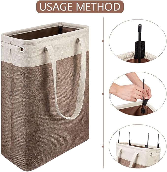 i BKGOO Laundry Basket with Handles Beige&Brown Slim Laundry Bin Collapsible Dirty Clothes Basket Narrow Laundry Bag Foldable Dirty Hamper for Camping, Dorms, Apartments