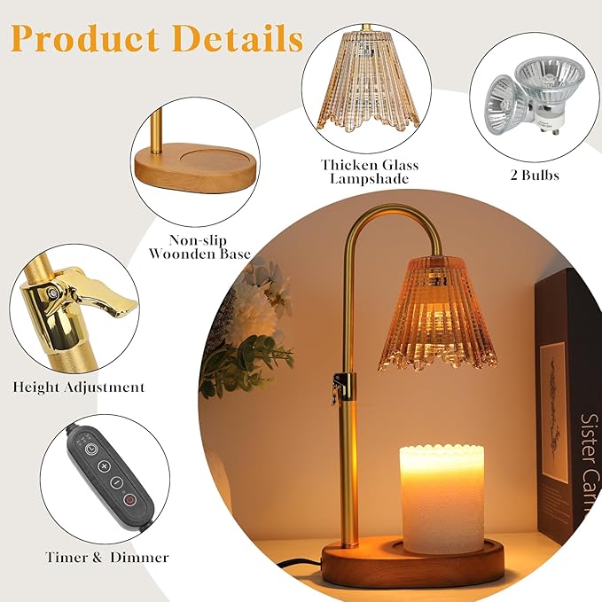 Candle Warmer Lamp with Timer Dimmer, Candle Lamp Warmer Height Adjustable, Birthday Gifts for Women Mom, Housewarming Gifts New Home Decor