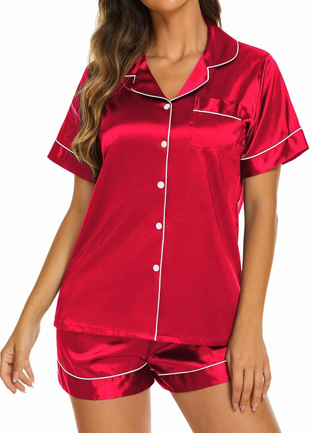 Ekouaer Silk Pajamas for Women Short Sleeve Sleepwear Soft Button Down Loungewear 2 Piece Satin Pjs Shorts Set S-XXL
