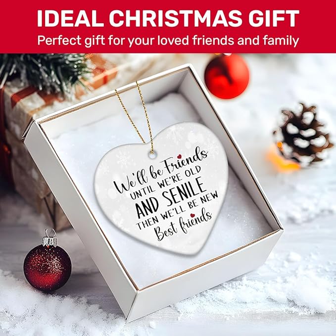 1pc 2 Side Printed We'll Be Friends Ceramic Ornament 2025, Heart-Shaped Christmas Tree, Cute Keepsake Decoration