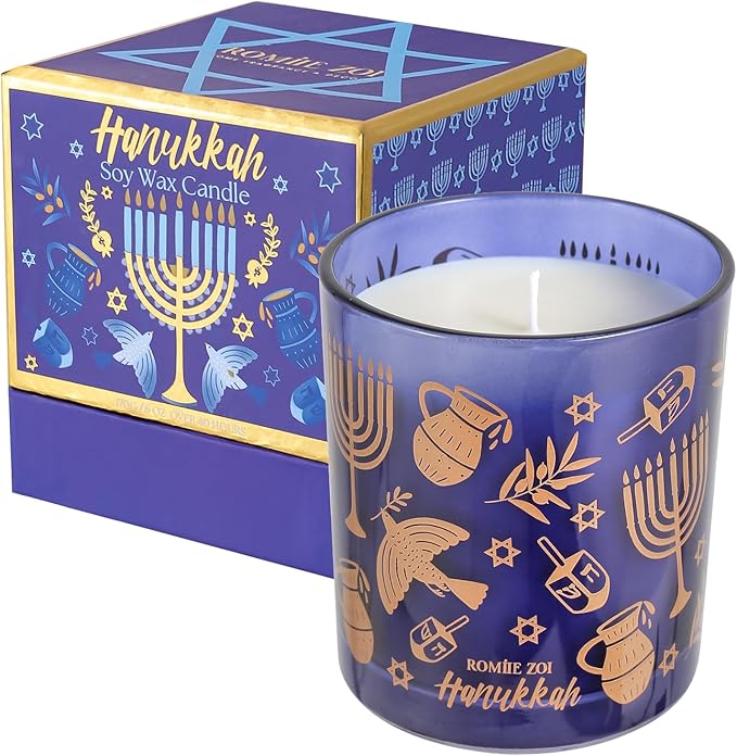 ROMIIE ZOI Hanukkah Scent Candle - 6oz Soy Wax Candle - Infused with Sandalwood & Bergamot Aroma - Royal Blue Gift Box