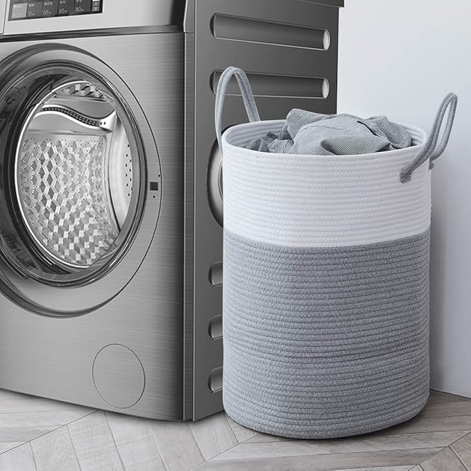 Cotton Rope Laundry Hamper by YOUDENOVA, 58L - Woven Collapsible Laundry Basket - Clothes Storage Basket for Blankets, Laundry Room Organizing, Bedroom Storage, Clothes Hamper – Grey