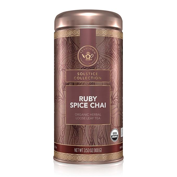 Teabloom Organic Herbal Tea, Ruby Spice Chai Loose Leaf Tea, Spicy and Rich Rooibos Chai with No Caffeine, USDA and EU Certified Organic, Fresh Whole Leaf Blend in Reusable Gift Canister, 3 oz/85 g Canister Makes 35-50 Cups