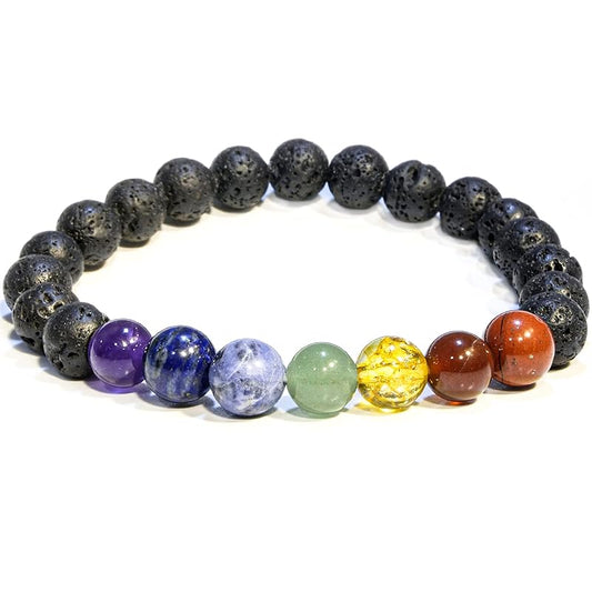 Lava Rock 7 Chakra Bracelet, Natural Healing Crystal Bracelet for Women and Men, 8mm Round Beaded Bracelet for Spiritual, Protection, Positive Energy, Elastic Adjustable Size Gemstone Bead Bracelet
