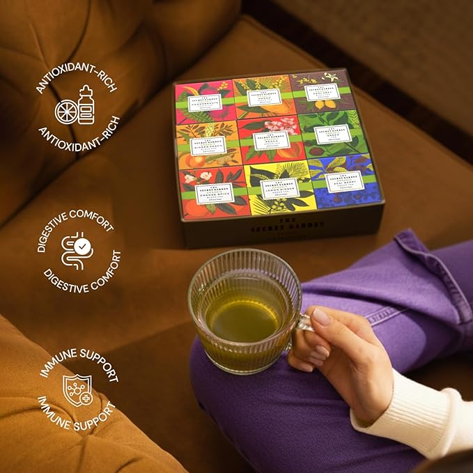 Life Plus Style Gourmet Secret Garden Tea Samplers Gift Box Set Premium Organic 90 Tea Bags Fruit Herbal Green & Black Tea Assorted Variety Pack of 9 Flavors for Tea Lovers Women Men & Coworker Gifts