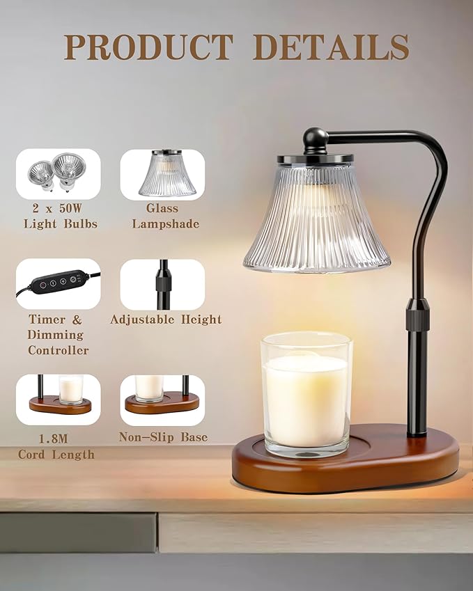 Candle Warmer Lamp, Candle Lamp Warmer with Timer & Dimmer, Adjustable Height, with 2 Bulbs, House Warming Gifts Home Bedroom Decor Mothers Day Gifts Black