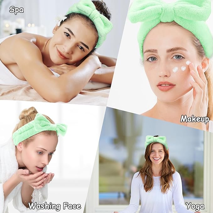 Casoty 6 Pcs Green Spa Headbands, Skin Care Headband, Soft Coral Fleece headbands for makeup, Bow Hair Band for Face Washing Shower Skin Care Yoga