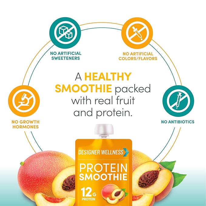 Designer Wellness Protein Smoothie, Real Fruit, 12g Protein, Low Carb, Zero Added Sugar, Gluten-Free, Non-GMO, No Artificial Colors or Flavors, Peach Mango, 24 Count