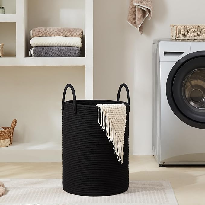 Cotton Rope Laundry Hamper by YOUDENOVA, 72L - Woven Collapsible Laundry Basket - Clothes Storage Basket for Blankets, Laundry Room Organizing, Bedroom Storage, Clothes Hamper – Black