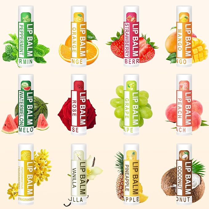DMSKY Natural Lip Balm Bulk 36 Pack, Moisturizing Lip Balm with Vitamin E and Coconut Oil, Lip Care Product for Chapped Lips-12 Flavors
