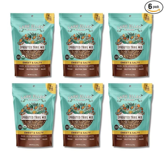 Lark Ellen Farm Sweet and Salty Nut and Seed Trail Mix, Gluten Free Trail Mix Bags, Grain Free Healthy Snacks, Certified Organic, Non-GMO, Paleo, Vegan 8oz, 6 pack