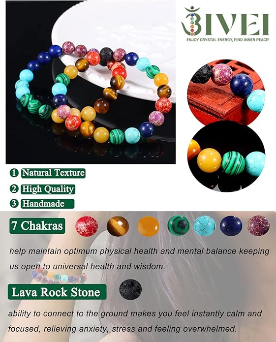 Bivei Natural Gemstone Semi Precious Healing Crystals Handmade Stretchy Round Beads Bracelet, Enhance Positive Energy