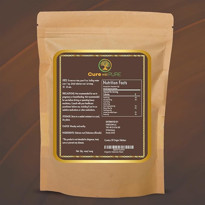 Cure wid Pure Organic Valerian Root Tea - Cut,Sifted & Non-Irradiated Valerian Tea Promotes Natural Relaxing Sleep - Te De Valeriana officinalis in Resealable Eco Friendly Pouch 16oz