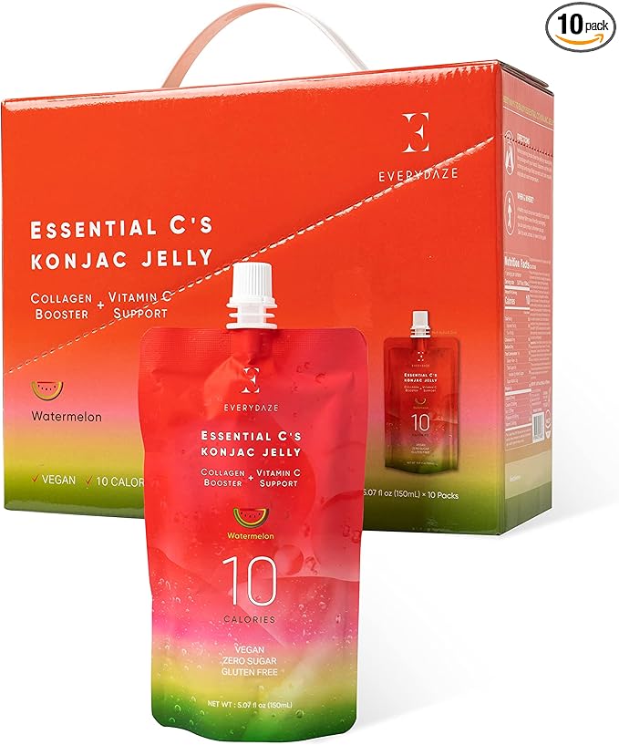 EVERYDAZE Essential C’s Konjac Jelly | Watermelon | Vegan Collagen Peptides and Vitamin C | Gluten Free, Sugar Free, Low Calorie | Healthy Drinkable Fruit Snack | 10 Pack Box Food Drink Pouch