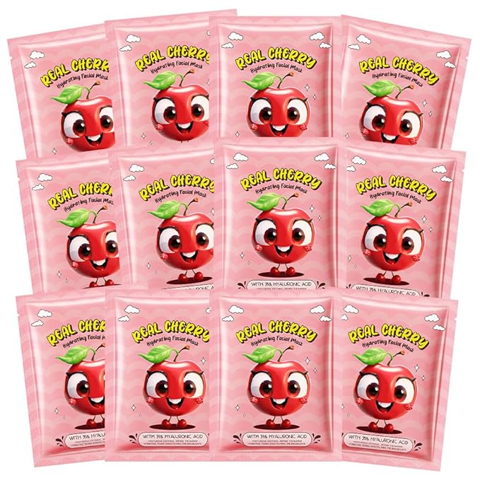 evpct 12 Pack Kids Face Masks for Kids Girls Spa, Girls Kids Facial Spa Day Slumber Sleepover Birthday Party Favors Supplies Kit for Girl, Kid Friendly Facial Face Masks Bulk Skincare for Kid, Cherry