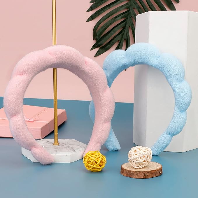 AMCAMI 2PCS Mimi and Co Spa Headband for Women Sponge Headbands for Girls Terry Towel Cloth Fabric Head Band for Face Washing, Skincare, Makeup Removal, Shower, Hair Accessories (Pink&Blue)