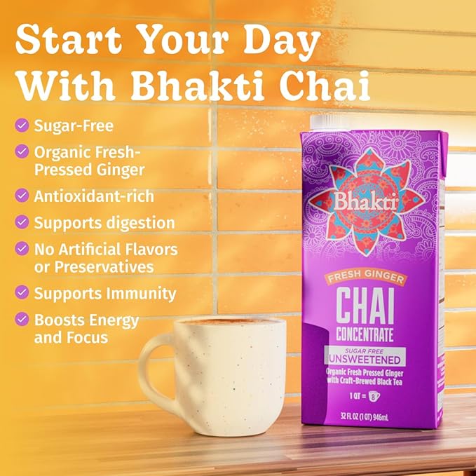 Bhakti Chai Tea Concentrate | Sugar-Free, Organic Fresh Ginger, Black Tea, Spiced, Dairy-Free, Vegan (Pack of 2)