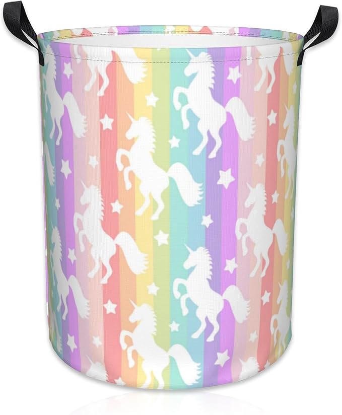 Cute Unicorns on Rainbow Stripes Laundry Basket Foldable Laundry Hamper Oxford Cloth Large Laundry Basket Clothes Storage Bucket Toy Organizer For Bathroom,Laundry,College 17.3 x16.5 Inch