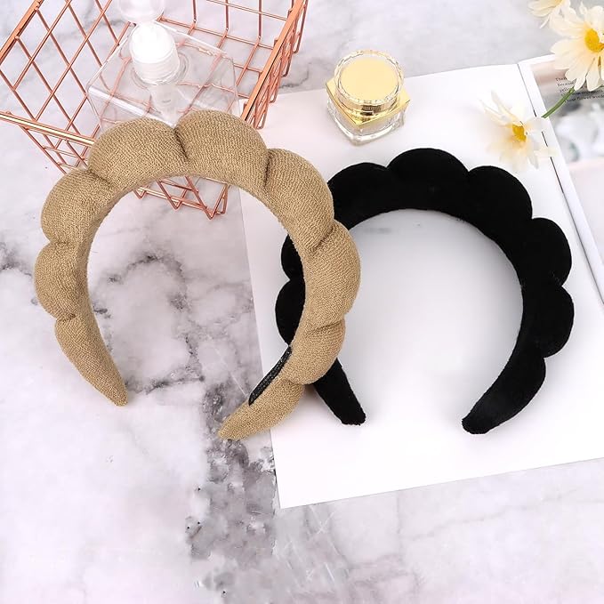 AMCAMI Puffy Spa Headband for Women Sponge Headbands for Girls 2 PCS Terry Towel Cloth Fabric Head Band for Skincare,Makeup Removal,Face Washing,Facial Mask,Shower,Hair Accessories（Black&Light Coffee）