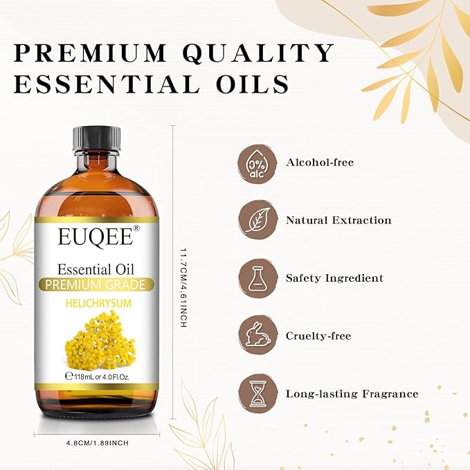 EUQEE Helichrysum Essential Oil 4 oz/118 ml Large Bottle Premium Helichrysum Oil with Glass Dropper - Great for Diffusers, Humidifier, Candle & Soap Making