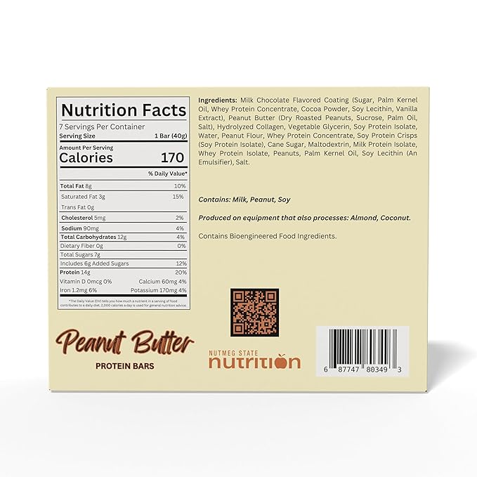 Nutmeg State Nutrition - High Protein Bars, Gluten Free, Low Calorie, Ideal Protein Compatible, 7 Servings Per Box (Peanut Butter)