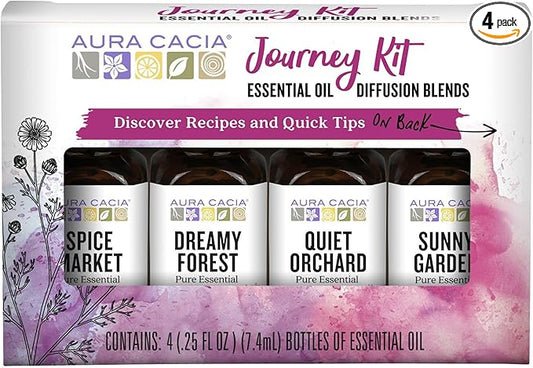 Aura Cacia Journey Essential Diffusion Oils Kit, 4-Pack, Spice Market, Dreamy Forest, Quiet Orchard & Sunny Garden Pure Oils