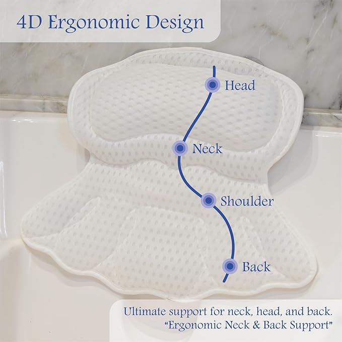 Bath Pillows for Tub, Luxury Bathtub Pillow Gift Set: 4D Air Mesh Cushion for Head & Neck, Spa Relaxing Accessories, Plus Bath Sponge & Scalp Massage Brush, Gift Bag