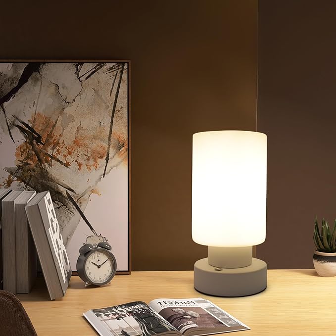 Cordless Bedside Table Lamp for Bedroom Living Room Nightstand,Touch Desk lamp with White Opal Glass Lamp Shade,Warm LED Bulb,3 Way Dimmable,Simple Design Festival Gifts.(Pack of 2)
