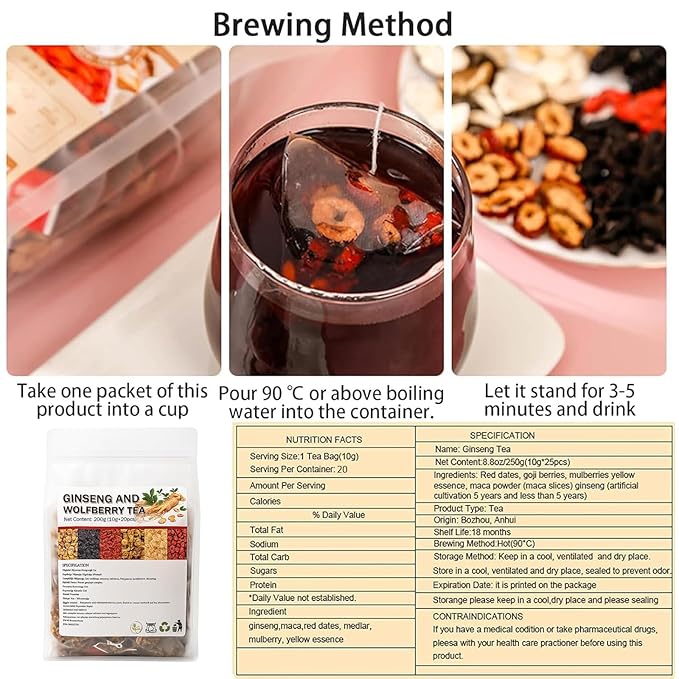 Kidney Tea - Ginseng and Wolfberry Tea, Ginseng Mulberry Gouqi Teabags, Natural Organic Kidney Cleanse Detox for Women & Men, 6 Precious Ingredients Formula (2)